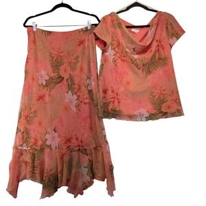 Miss Dorby Vintage Tropical Floral 2 Piece Set Cowl Neck Top Maxi Skirt Coral 12